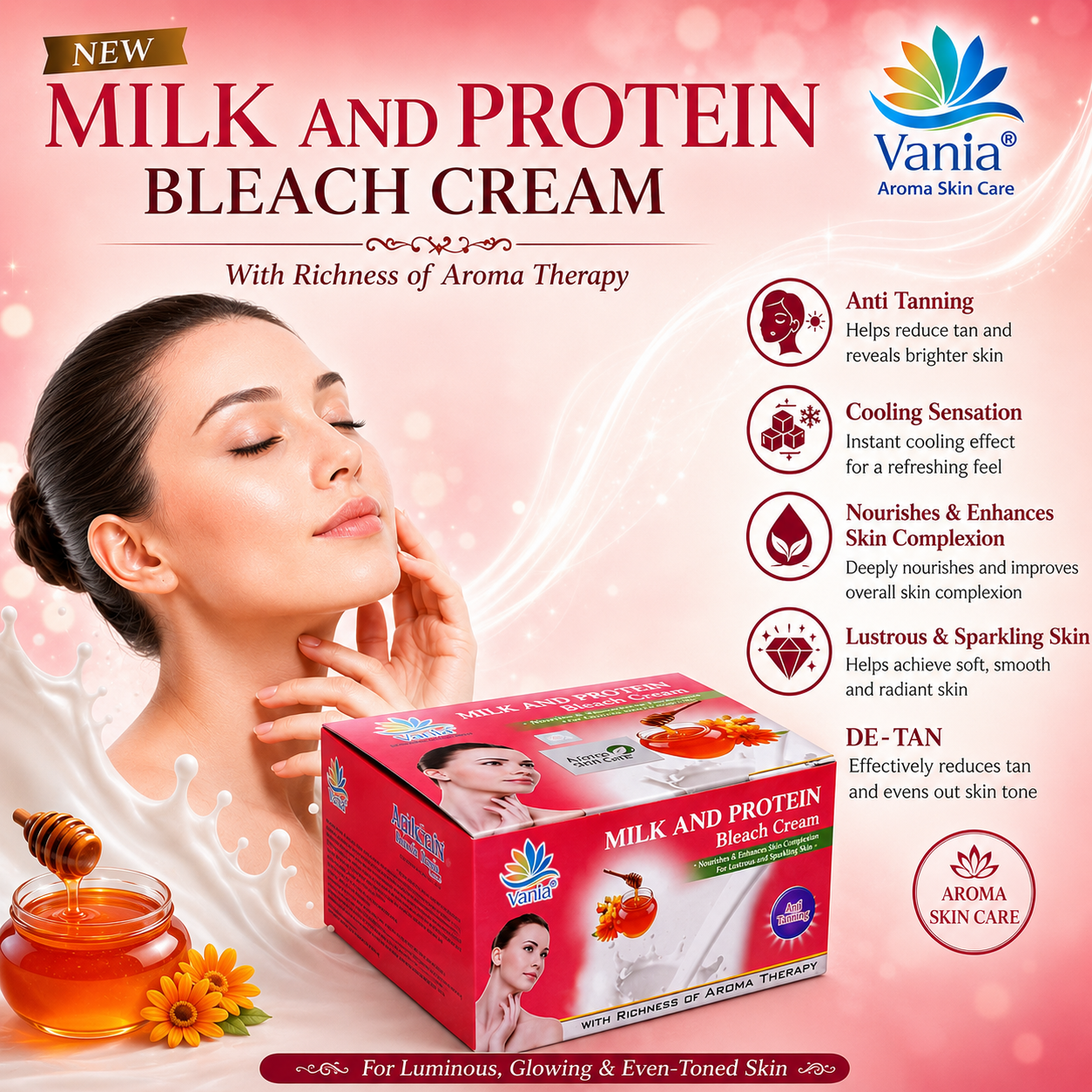 Vania Milk & Protein Bleach Cream 250 Gm | Long-Lasting Glow | Natural Fairness | Cool Bleach | No Tears | Moisturized Skin | Zero Irritation Level | Fragrance | For Normal to Dry Skin | With Milk & Honey