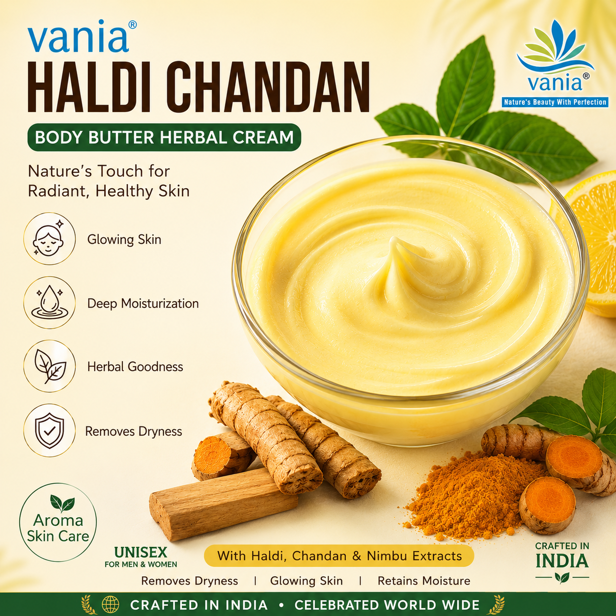 Vania Haldi Chandan Body Butter Herbal Cream 500Gm | UNISEX Massage | Cool Antioxidant | Nourishing Moisturiser | Rich Glow | Silky Skin | Tightening | Reduces Blemishes, Scars & Tan