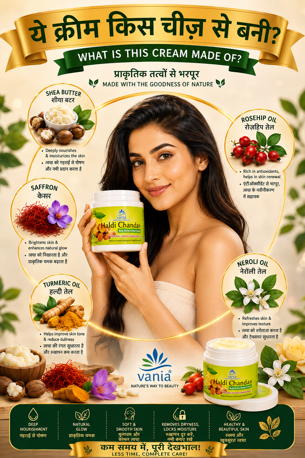 Vania Haldi Chandan Body Butter Herbal Cream 500Gm | UNISEX Massage | Cool Antioxidant | Nourishing Moisturiser | Rich Glow | Silky Skin | Tightening | Reduces Blemishes, Scars & Tan
