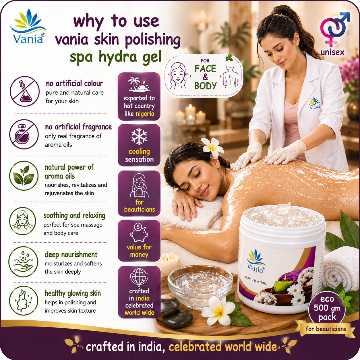 Vania Aloe Vera Skin Polishing SPA Hydra Gel 500 Gm | Nourishing & Rejuvenating | Removes Dead Cells, Black & White Heads, and Dryness | Infused with Aroma Oils
