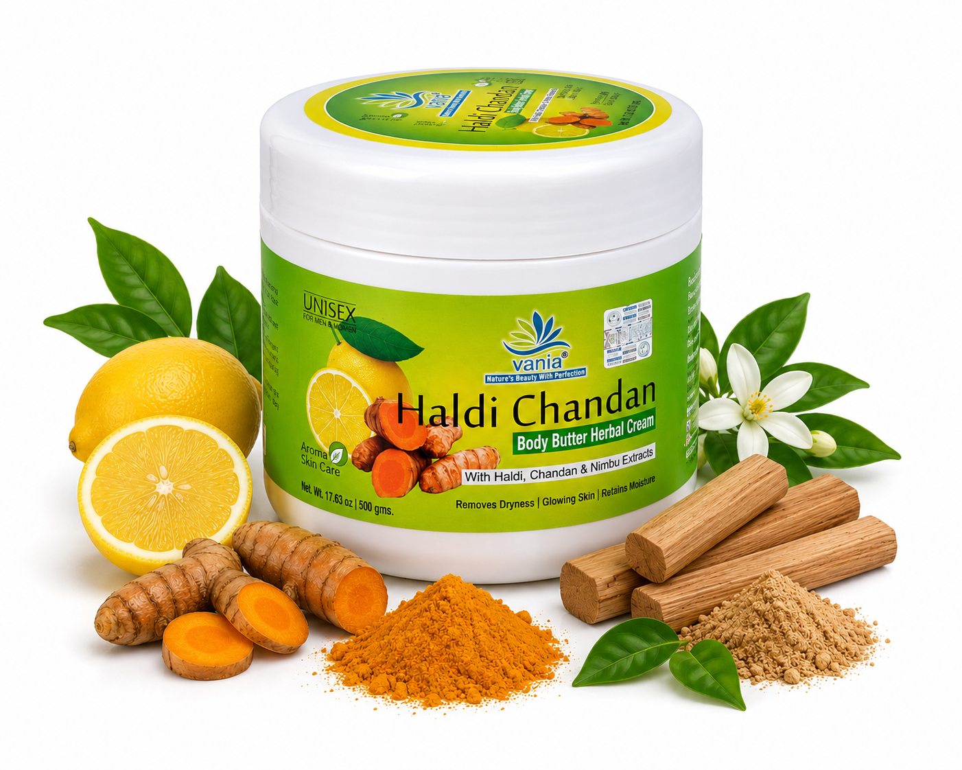 Vania Haldi Chandan Body Butter Herbal Cream 500Gm | UNISEX Massage | Cool Antioxidant | Nourishing Moisturiser | Rich Glow | Silky Skin | Tightening | Reduces Blemishes, Scars & Tan