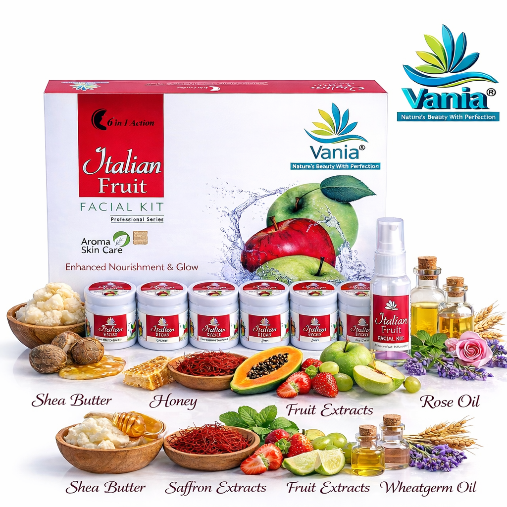 Vania Italian Fruit Facial Kit 300 Gm | Unisex | Natural Glow & Growth | Aroma Care | 6in1 Action | Shea, Honey, Fruit Extracts, Jojoba & Geranium | Face Beauty
