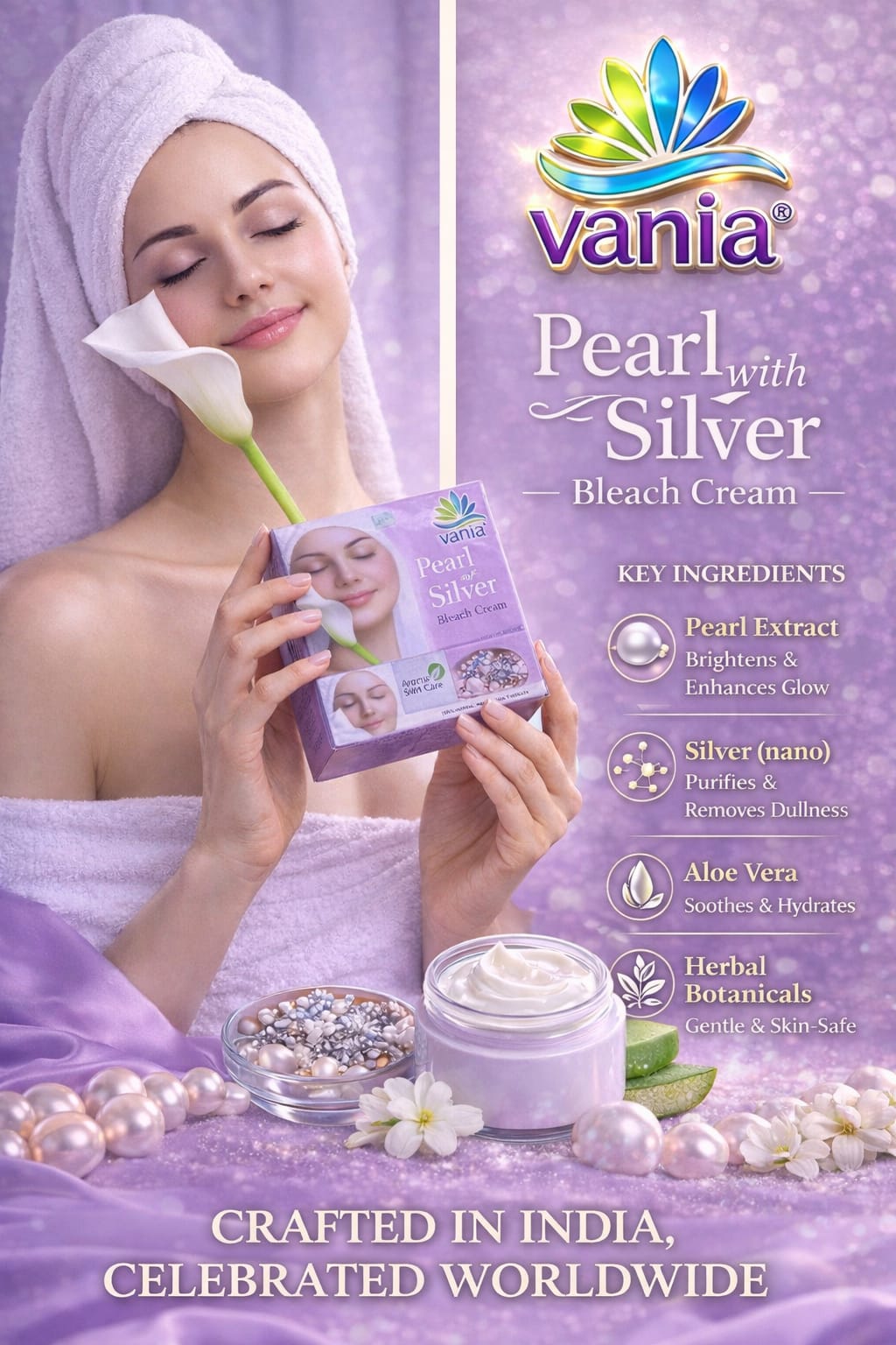 Vania Pearl & Silver Bleach Cream 250 Gm | Unisex | Cool Moisturizing | Aroma Skin Care | Party & Parlour Use | Rich Fairness | Face Beauty Care | Pigmentation Control | Removes Dark Spots | Quality Activator