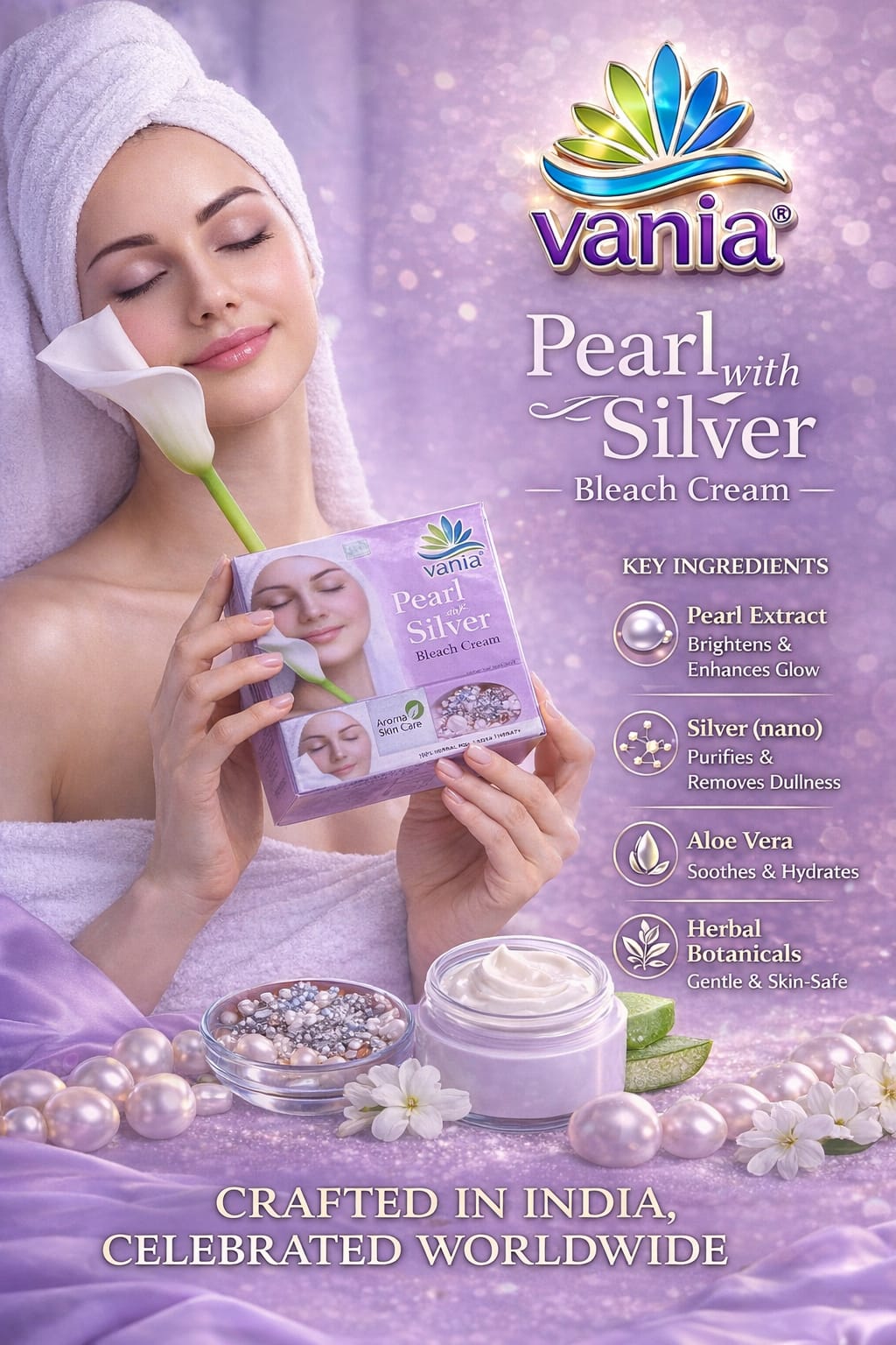 Vania Pearl & Silver Bleach Cream 250 Gm | Unisex | Cool Moisturizing | Aroma Skin Care | Party & Parlour Use | Rich Fairness | Face Beauty Care | Pigmentation Control | Removes Dark Spots | Quality Activator