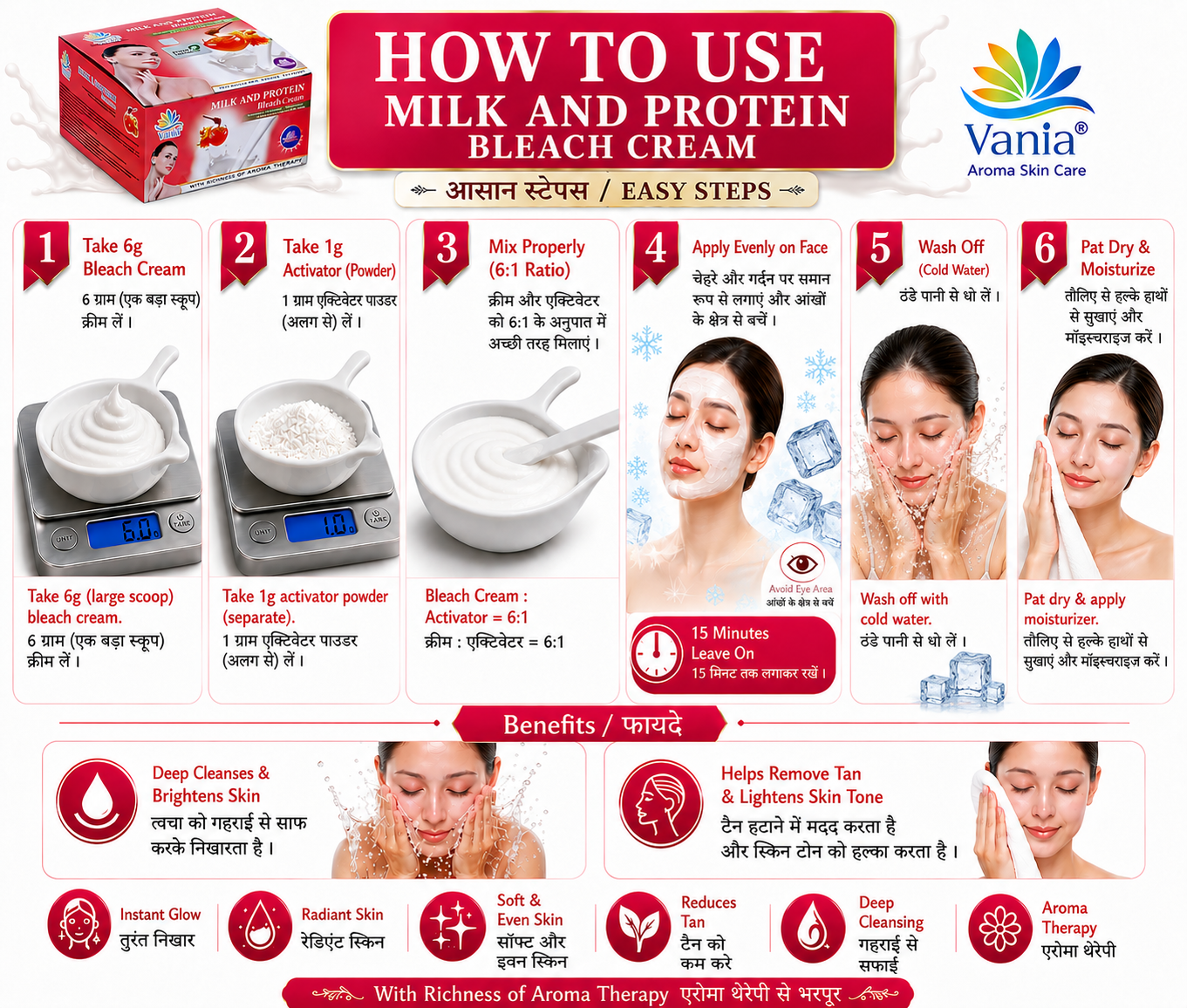 Vania Milk & Protein Bleach Cream 250 Gm | Long-Lasting Glow | Natural Fairness | Cool Bleach | No Tears | Moisturized Skin | Zero Irritation Level | Fragrance | For Normal to Dry Skin | With Milk & Honey