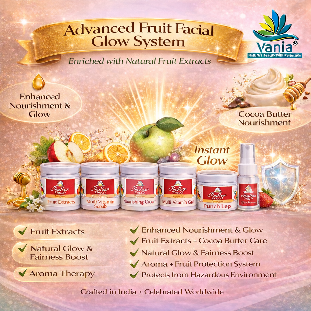 Vania Italian Fruit Facial Kit 300 Gm | Unisex | Natural Glow & Growth | Aroma Care | 6in1 Action | Shea, Honey, Fruit Extracts, Jojoba & Geranium | Face Beauty