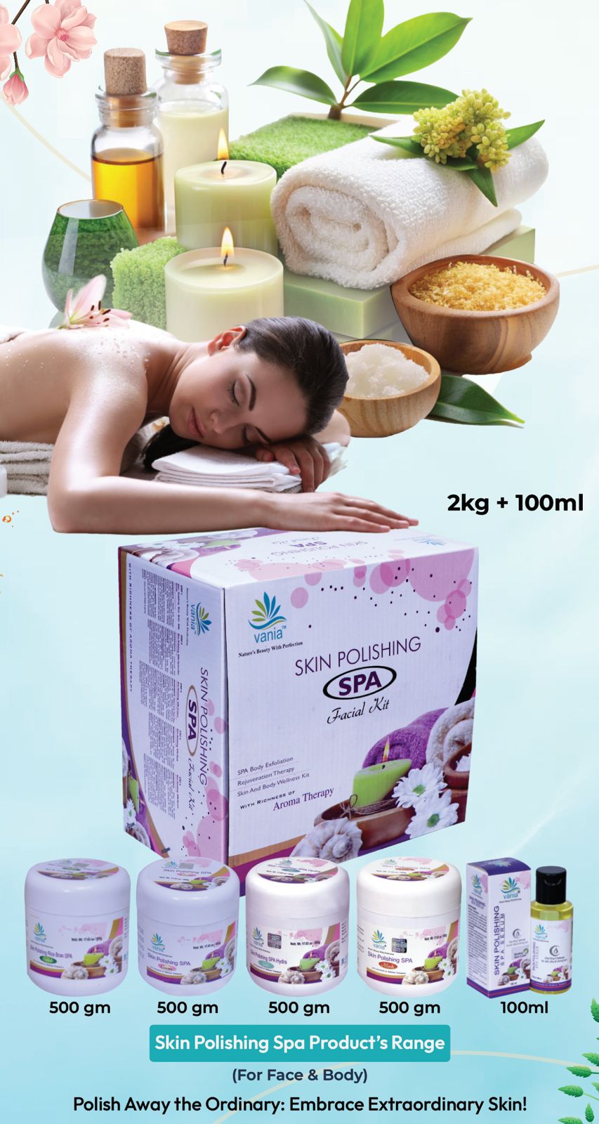 Vania Skin Polishing Aroma Facial Kit for Women & Men | 2000 Gm + 100 Ml | SPA Skin Care | Self & Parlour Use | Pre Bridals | Face & Body | Tip to Toe Beauty l Dashing Glow with Tulsi & Geranium Oil