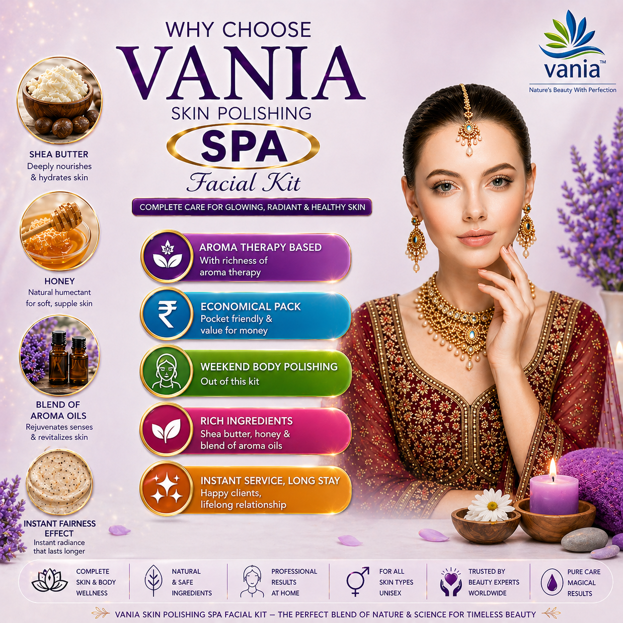 Vania Skin Polishing Aroma Facial Kit for Women & Men | 2000 Gm + 100 Ml | SPA Skin Care | Self & Parlour Use | Pre Bridals | Face & Body | Tip to Toe Beauty l Dashing Glow with Tulsi & Geranium Oil