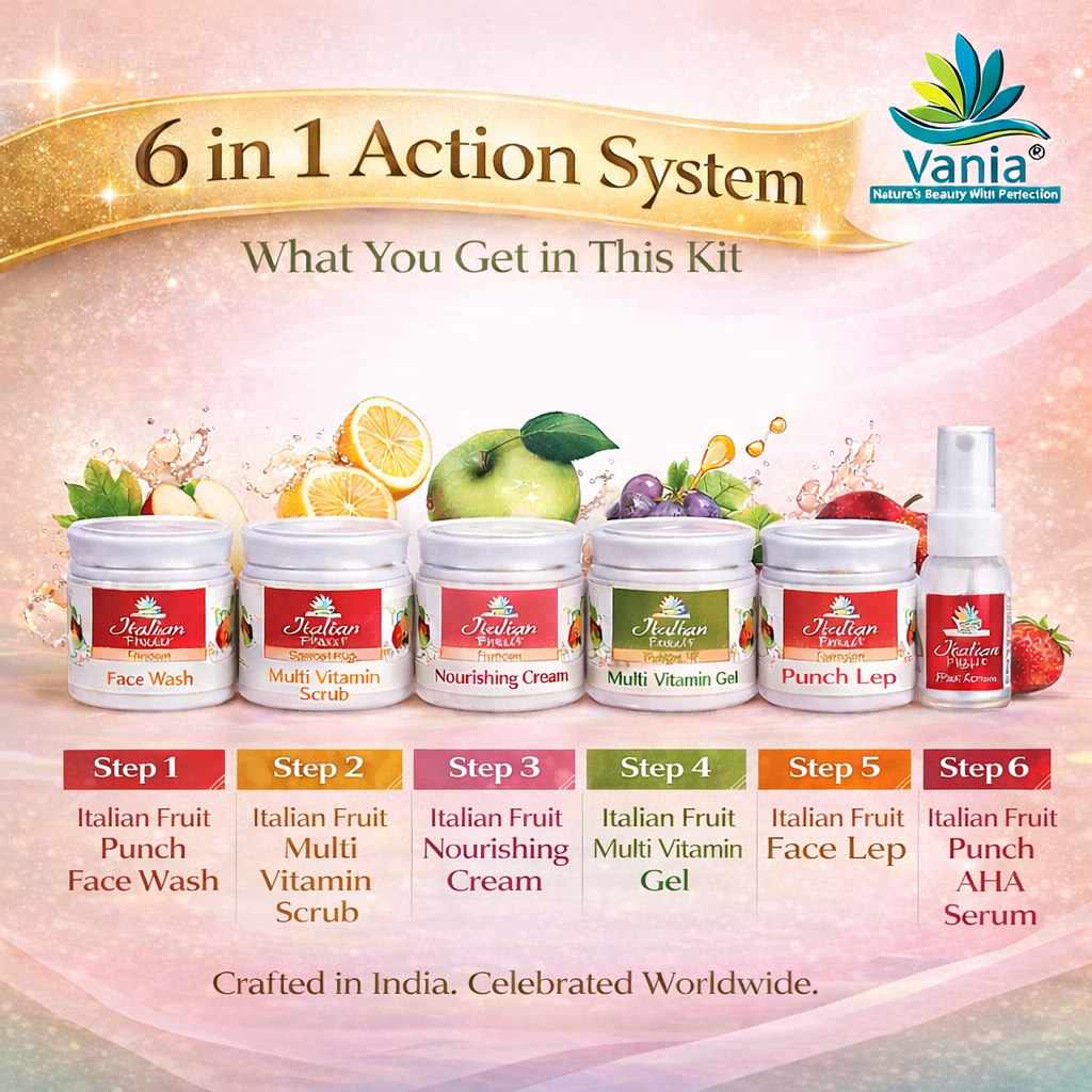 Vania Italian Fruit Facial Kit 300 Gm | Unisex | Natural Glow & Growth | Aroma Care | 6in1 Action | Shea, Honey, Fruit Extracts, Jojoba & Geranium | Face Beauty