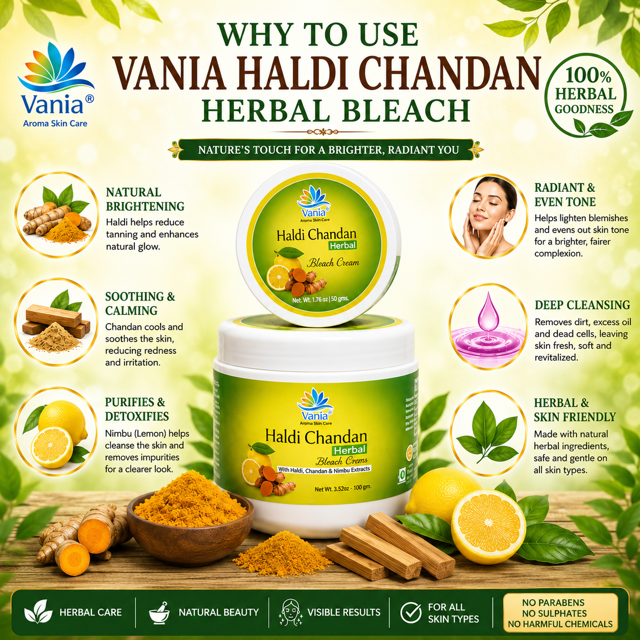 Vania Haldi Chandan Bleach Cream 1Kg | Fairness & Beautifying | Face & Body | Cooling Sensation | For Normal to Dry Skin | Moisturizing | Zero Irritation | Herbal | Gori Gori Skin | No Tears & Dryness